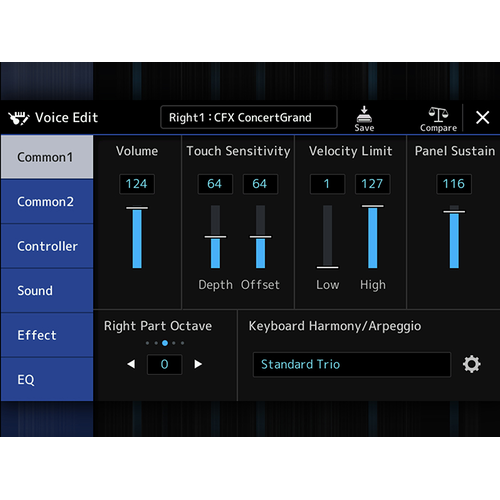 Yamaha Arranger Workstation PSR-SX920/720 Voice Edit screen